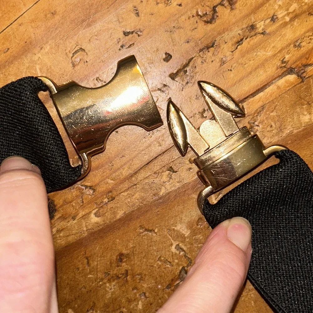 B-LOW THE BELT 1.5 inch W- leather & elastic Gore belt with gold clasp buckle.